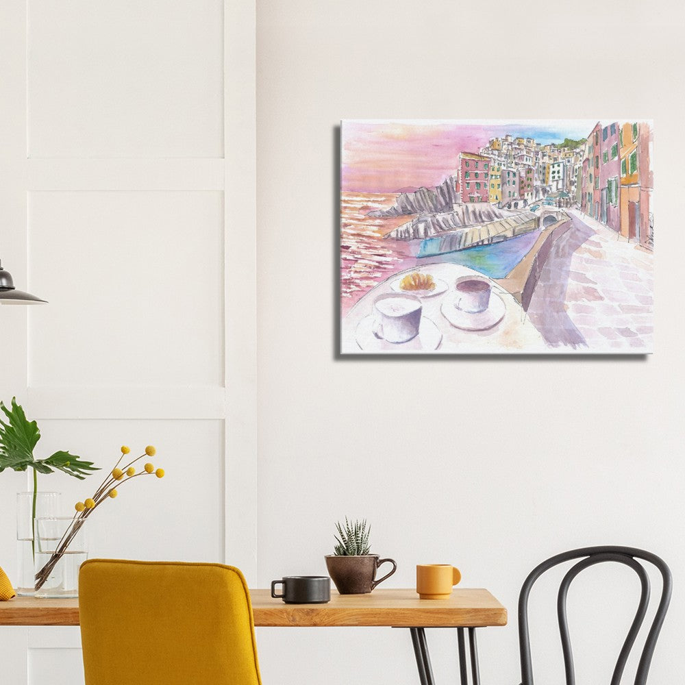 Riomaggiore Cinque Terre Relaxed Morning with Brioche and Coffee - Limited Edition Fine Art Print - Original Painting available