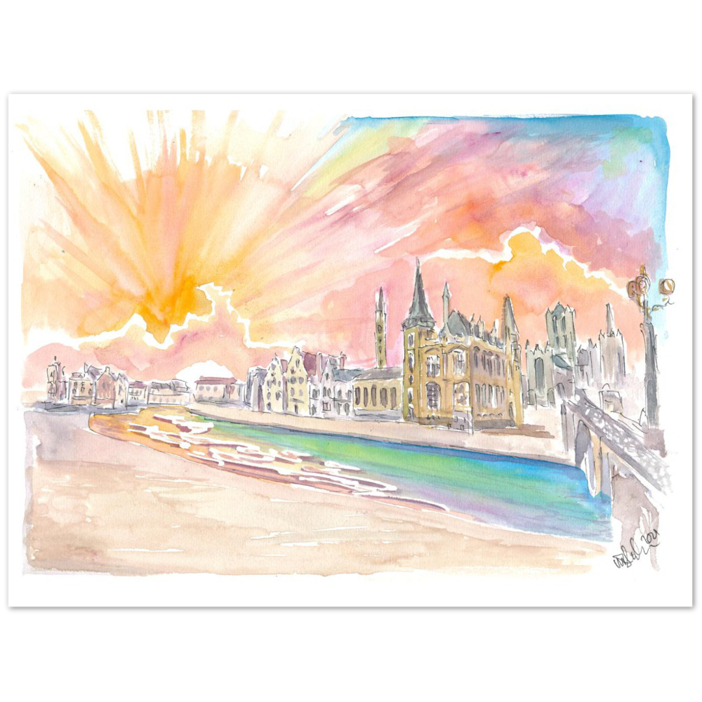 Ghent Belgium Historic City Center with Sunset - Limited Edition Fine Art Print