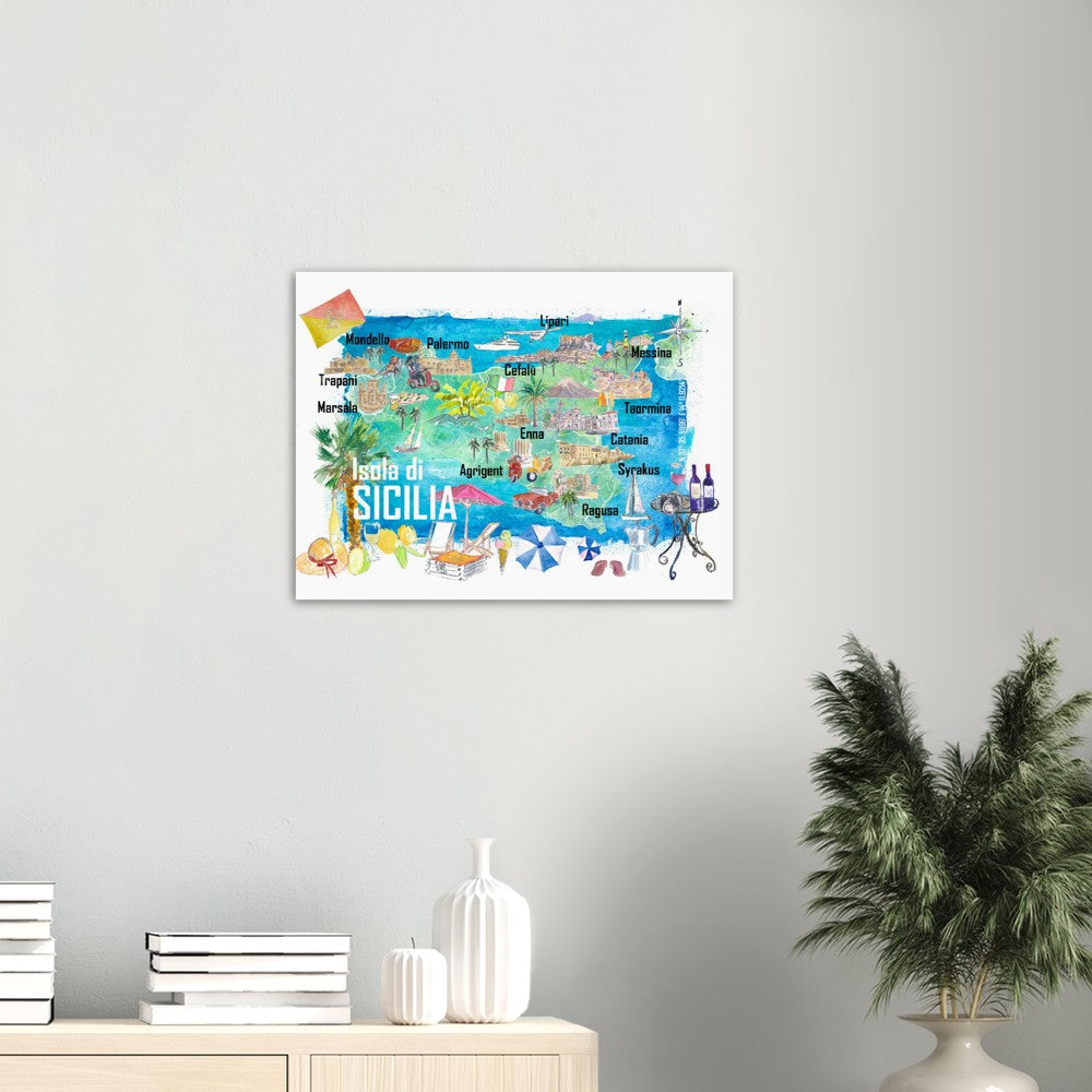 Sicily Italy Illustrated Travel Map with Roads and Tourist Highlights