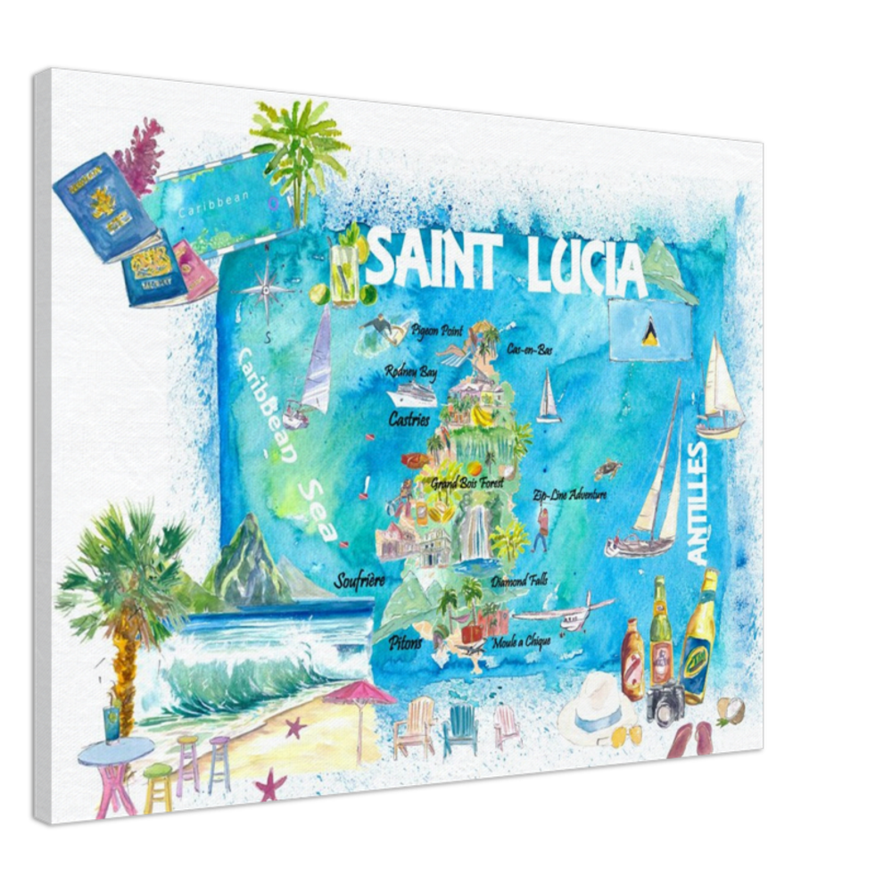 Saint Lucia West Indies Illustrated Map with Antilles Tourist Highlights 2nd Edition