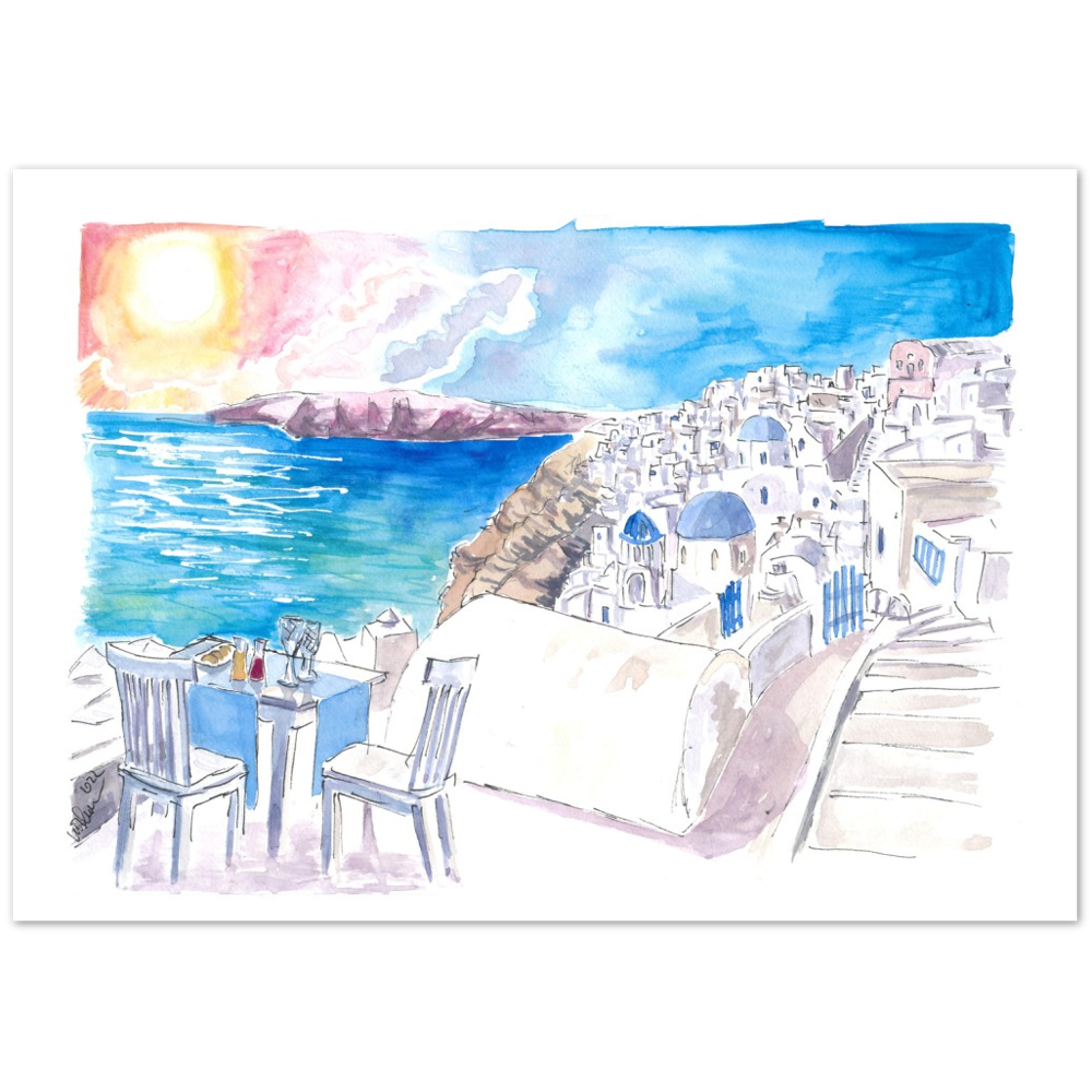 Santorini Sunset View with Rooftop Bar and Fruit Juices - Limited Edition Fine Art Print - Original Painting available