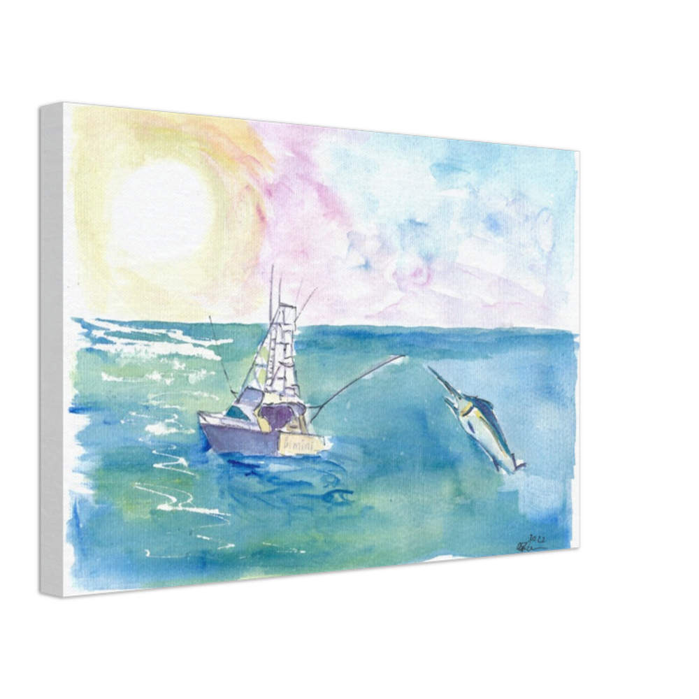 Gone Caribbean Fishing With Yacht and Marlin - Limited Edition Fine Art Print - Original Painting available