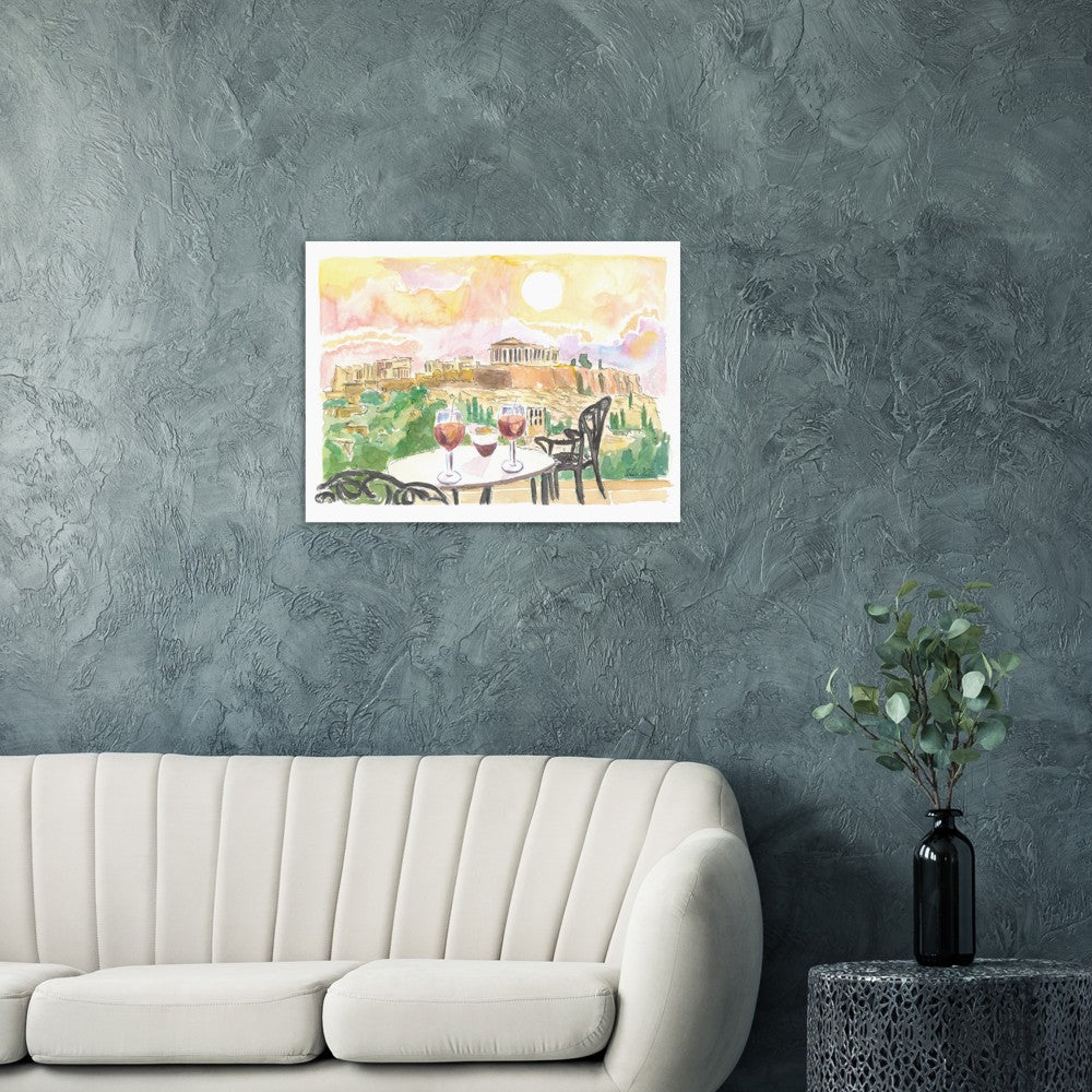 Sunset Romance in Athens Greece with Aperitif and Acropolis View - Limited Edition Fine Art Print - Original Painting available