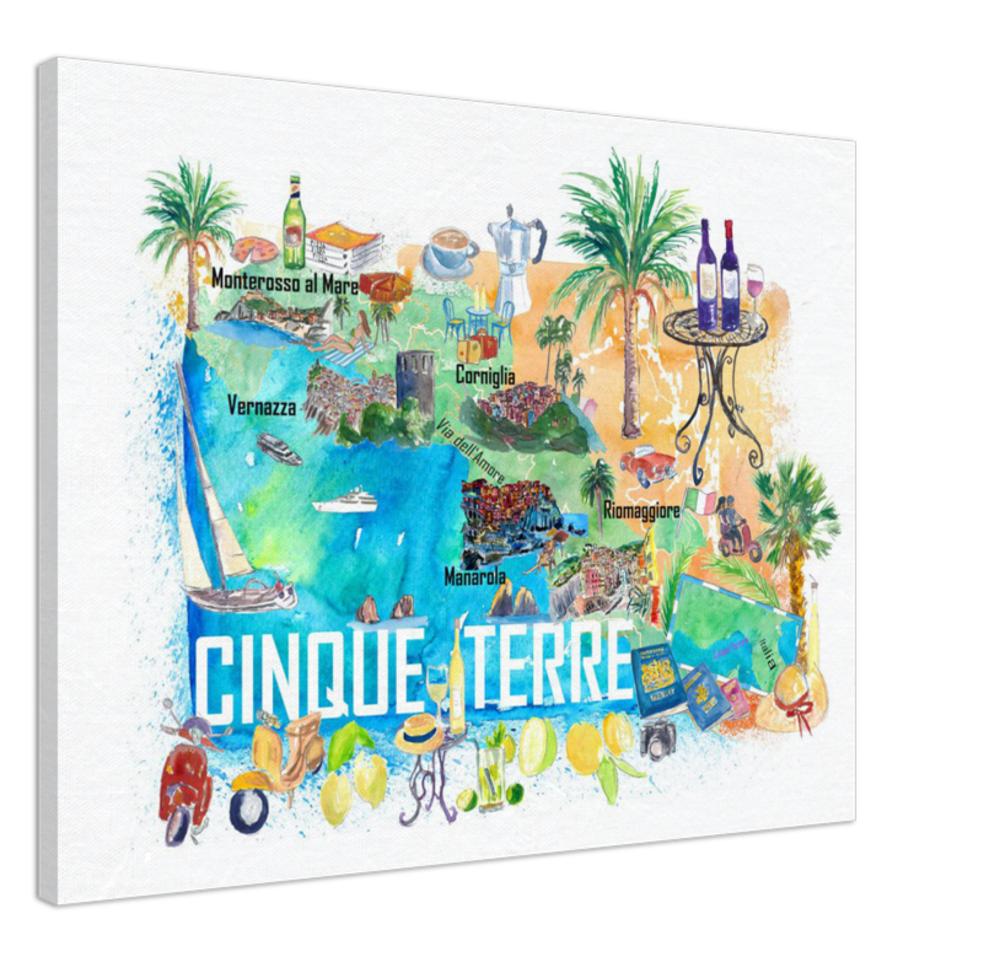 Cinque Terre Italien Illustrierte Mittelmeer-Reisekarte Highlights Golfs