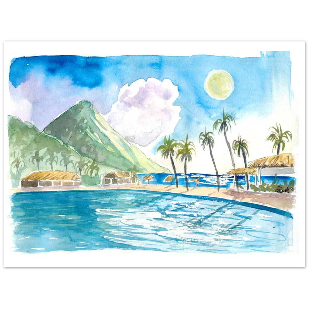 Saint Lucia Pitons and Incredible Caribbean Infinity Pool - Limited Edition Fine Art Print - Original Painting available