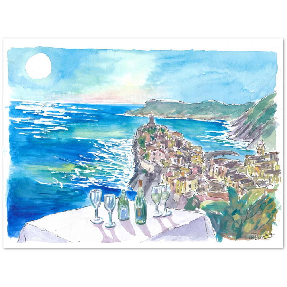 Mediterranean View from Restaurant with Wine and Vernazza Cinque Terre - Limited Edition Fine Art Print - Original Painting available
