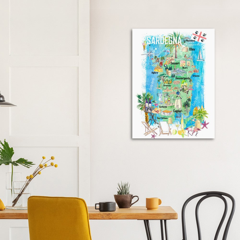 Sardinia Illustrated Travel Map Mediterranean Adriatic Sicily Sardegna with Roads and Tourist Highlights