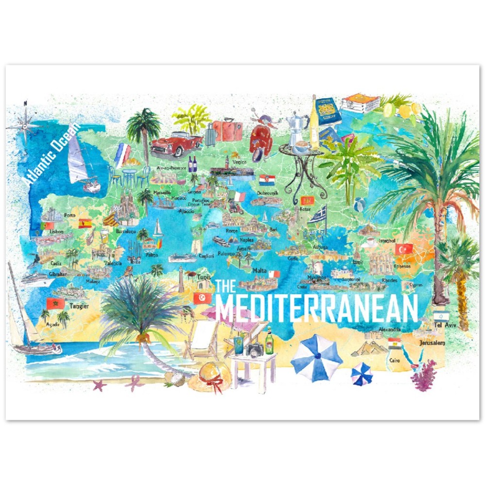 Illustrated Mediterranean Sea Travel Poster Map with Spain Italy Greece Palma Ibiza Fine Art Print