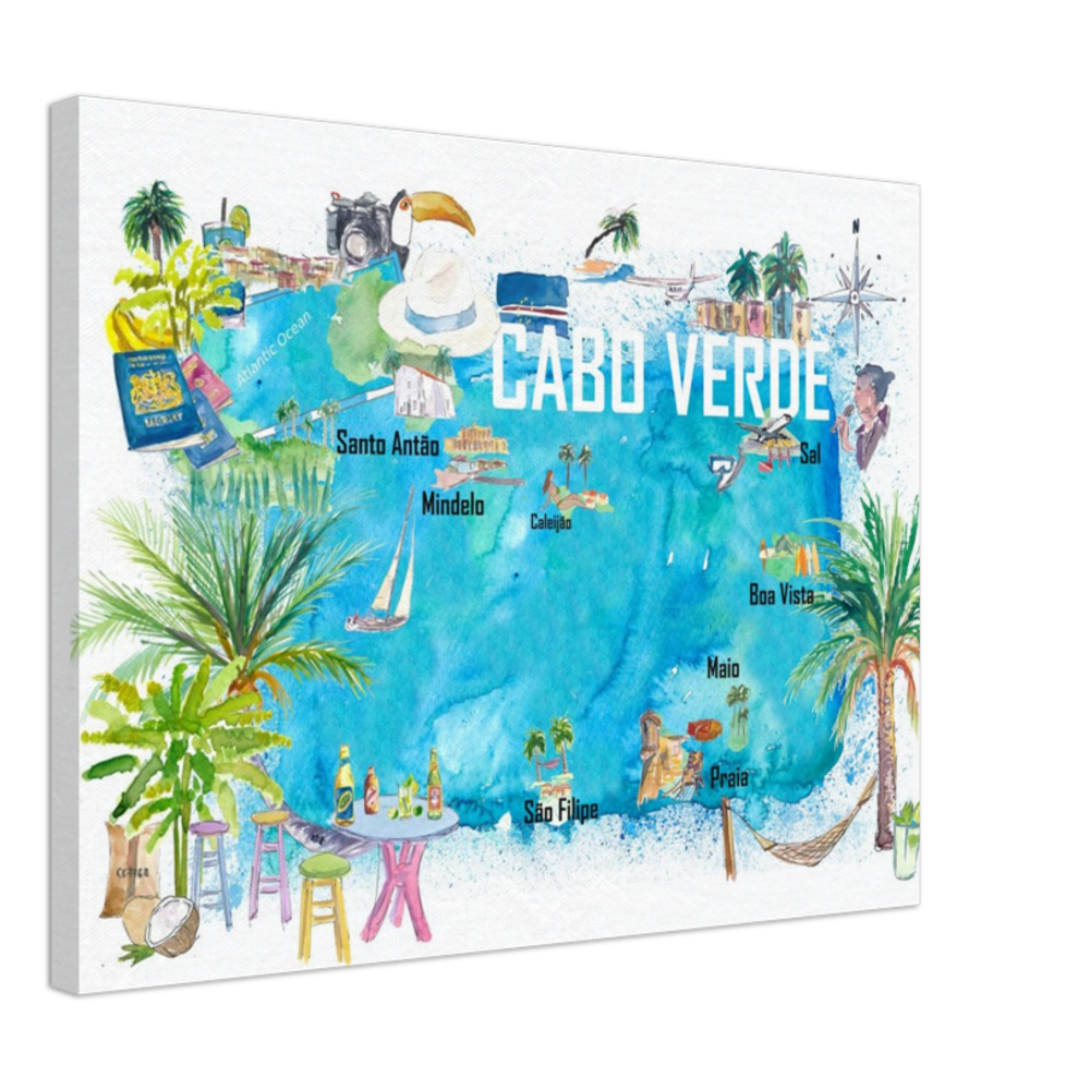 Cabo Verde Illustrated Island Travel Map with Tourist Highlights