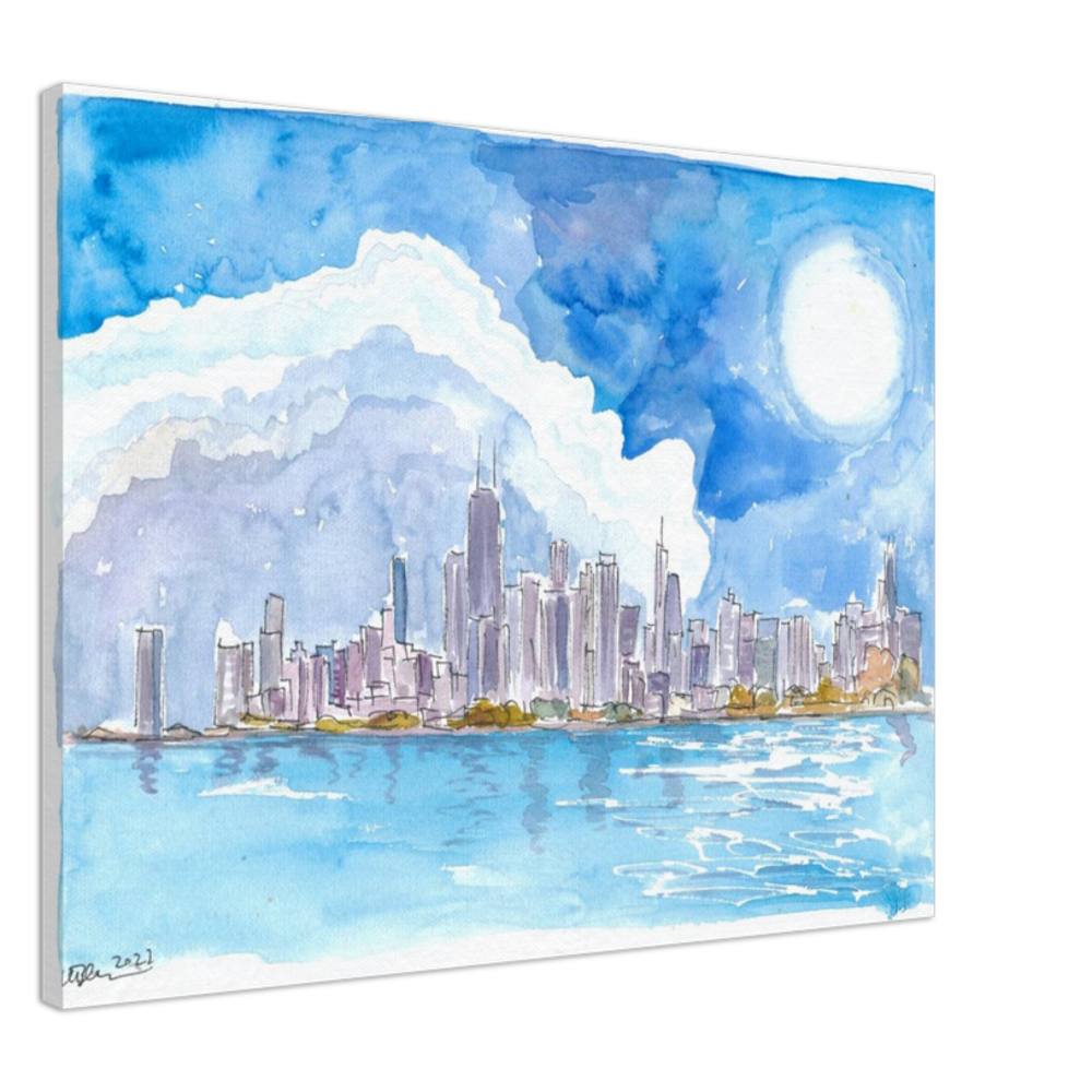 Chicago Skyline Impressions with Lake Michigan and Water Reflections - Limited Edition Fine Art Print - Original Painting available