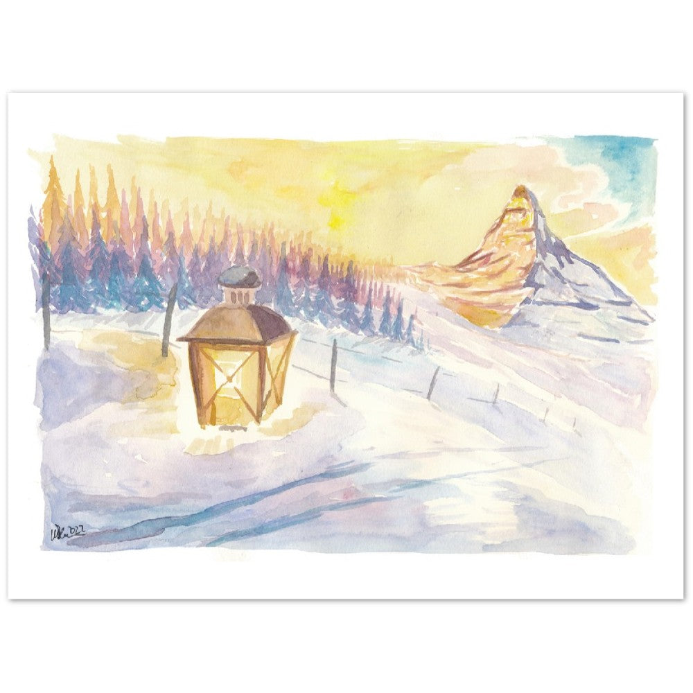 Swiss Alpine Winter Dreams with Matterhorn Mountain and Lantern in Snow - Limited Edition Fine Art Print - Original Painting available