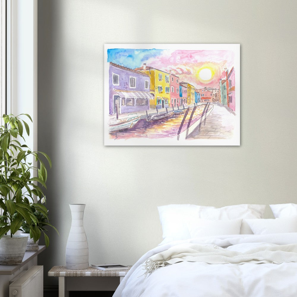 Colorful Burano Canal with Shops and Sun Reflections on Canal - Limited Edition Fine Art Print - Original Painting available