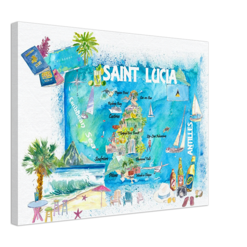 Saint Lucia West Indies Illustrated Map with Antilles Tourist Highlights 2nd Edition