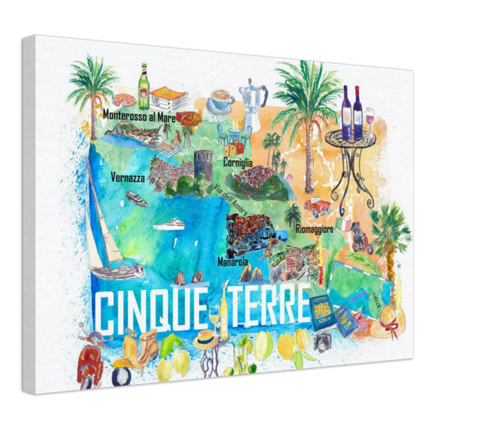 Cinque Terre Italien Illustrierte Mittelmeer-Reisekarte Highlights Golfs
