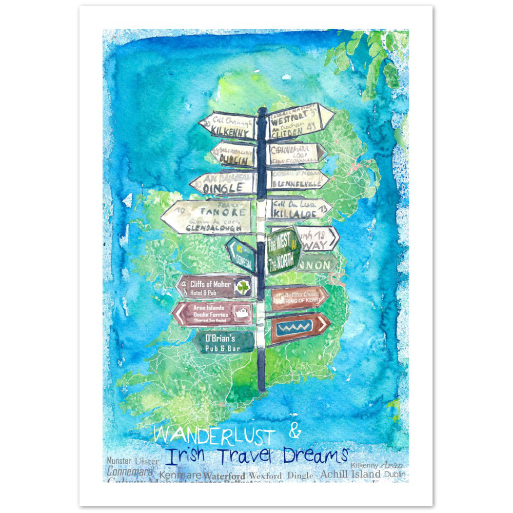 Wanderlust Signpost of Ireland with Island Background Premium Matte Paper Poster
