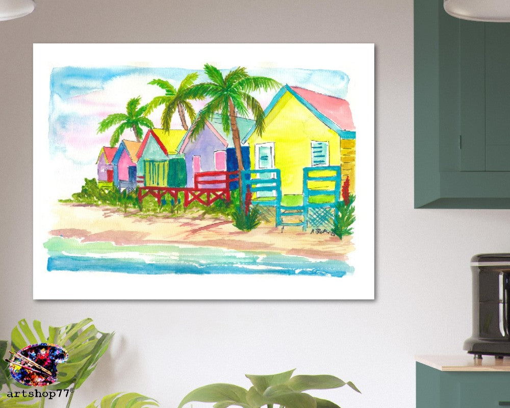 Colorful Caribbean Beach Houses for Dream Vacations - Fine Art Print on Giclee, Canvas & Original Art