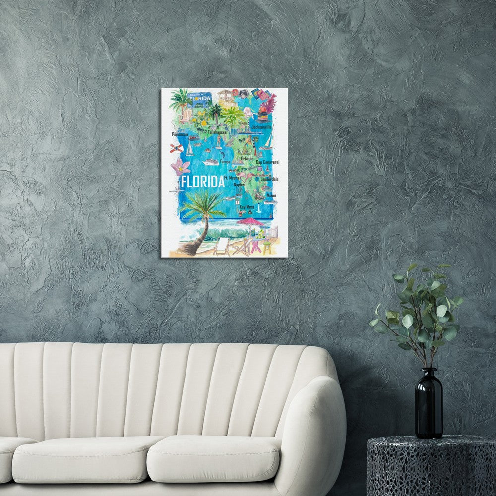 Florida USA Illustrated State Map with Roads and Tourist Highlights