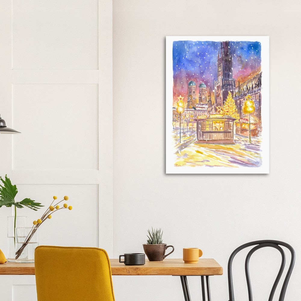 Snowy Munich Winter Scene - Romantic Marienplatz XMAS Market - Limited Edition Fine Art Print - Original Painting available