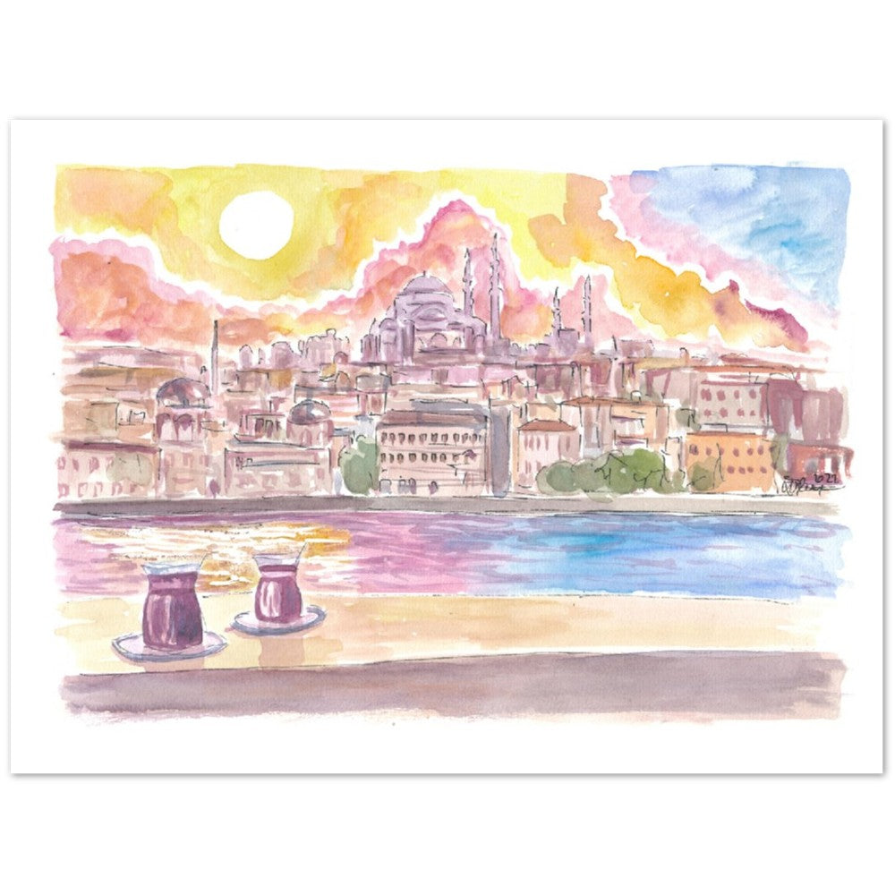 Istanbul Turkey Amazing City View with Skyline and Tea - Limited Edition Fine Art Print - Original Painting available
