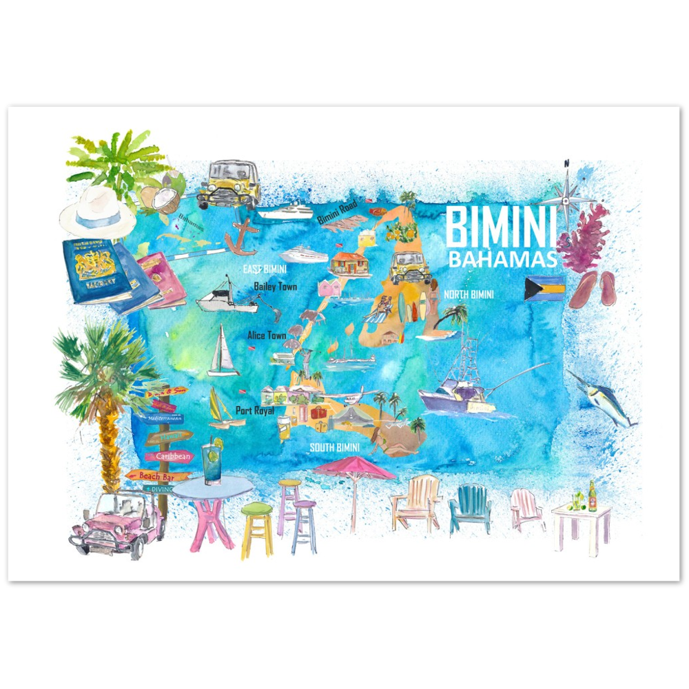 Bimini Bahamas Illustrated Map with Island Tourist Highlights - Fine Art Print
