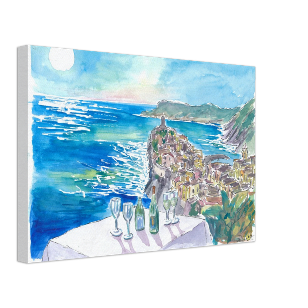 Mediterranean View from Restaurant with Wine and Vernazza Cinque Terre - Limited Edition Fine Art Print - Original Painting available