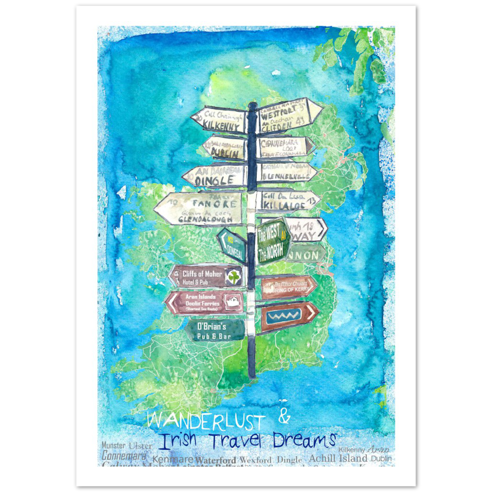 Wanderlust Signpost of Ireland with Island Background Premium Matte Paper Poster