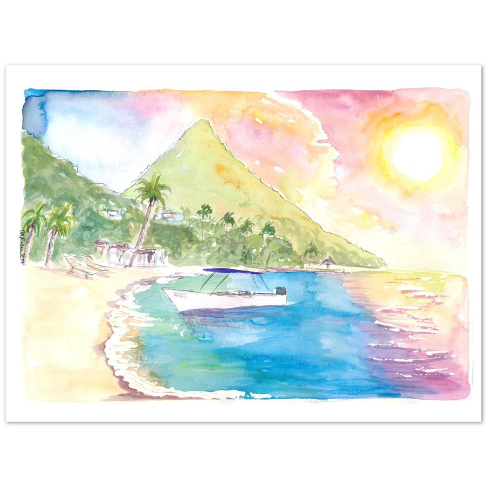St Lucia Sunset and Amazing Piton Beach Scene