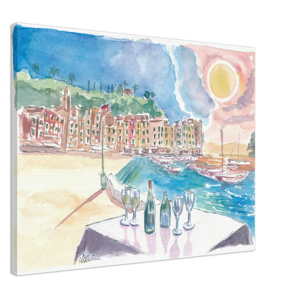 Table for Amore in Portofino with View of Port and Sea - Limited Edition Fine Art Print - Original Painting available