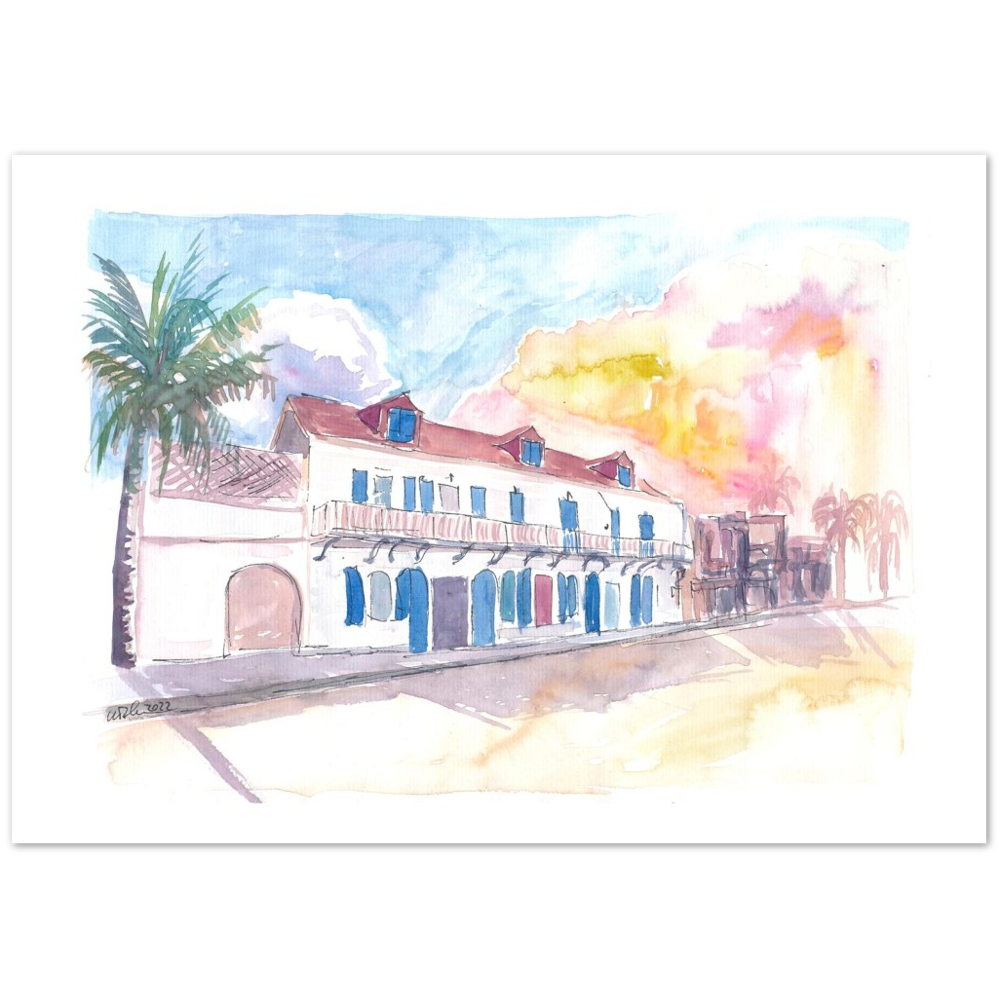 Colonial Street Scene in Marigot Saint Martin in French Caribbean - Limited Edition Fine Art Print -