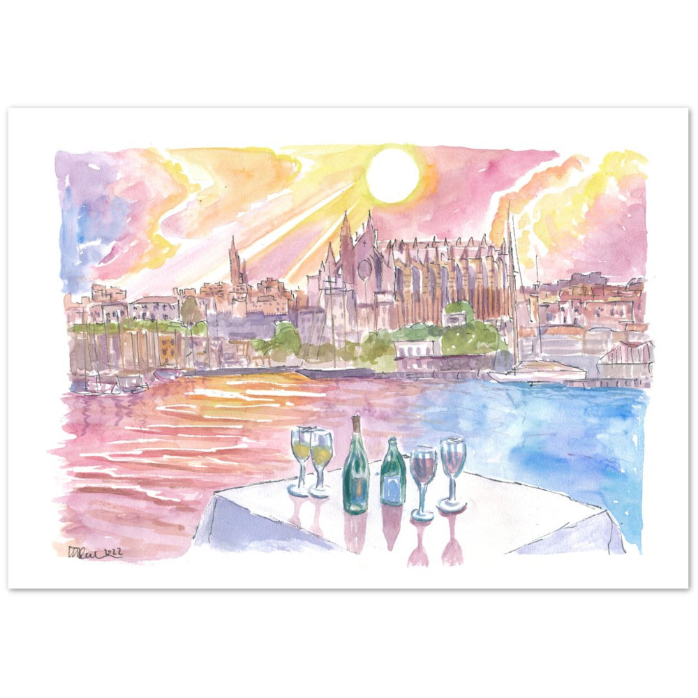 Dinner in Palma Majorca with Port, Wine and La Seu - Limited Edition Fine Art Print - Original Painting available