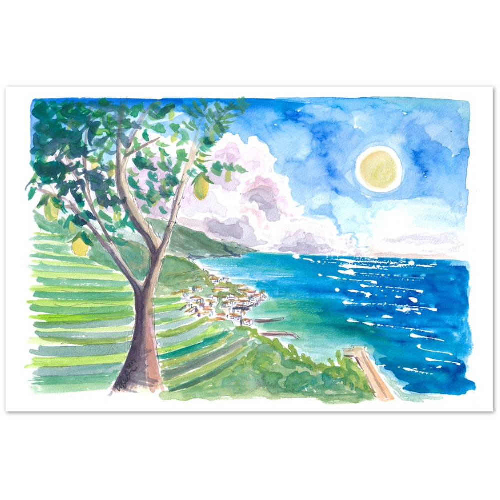 Minori Amalfi Coast with Lemon Tree and Blue Mediterranean - Limited Edition Fine Art Print - Original Painting available
