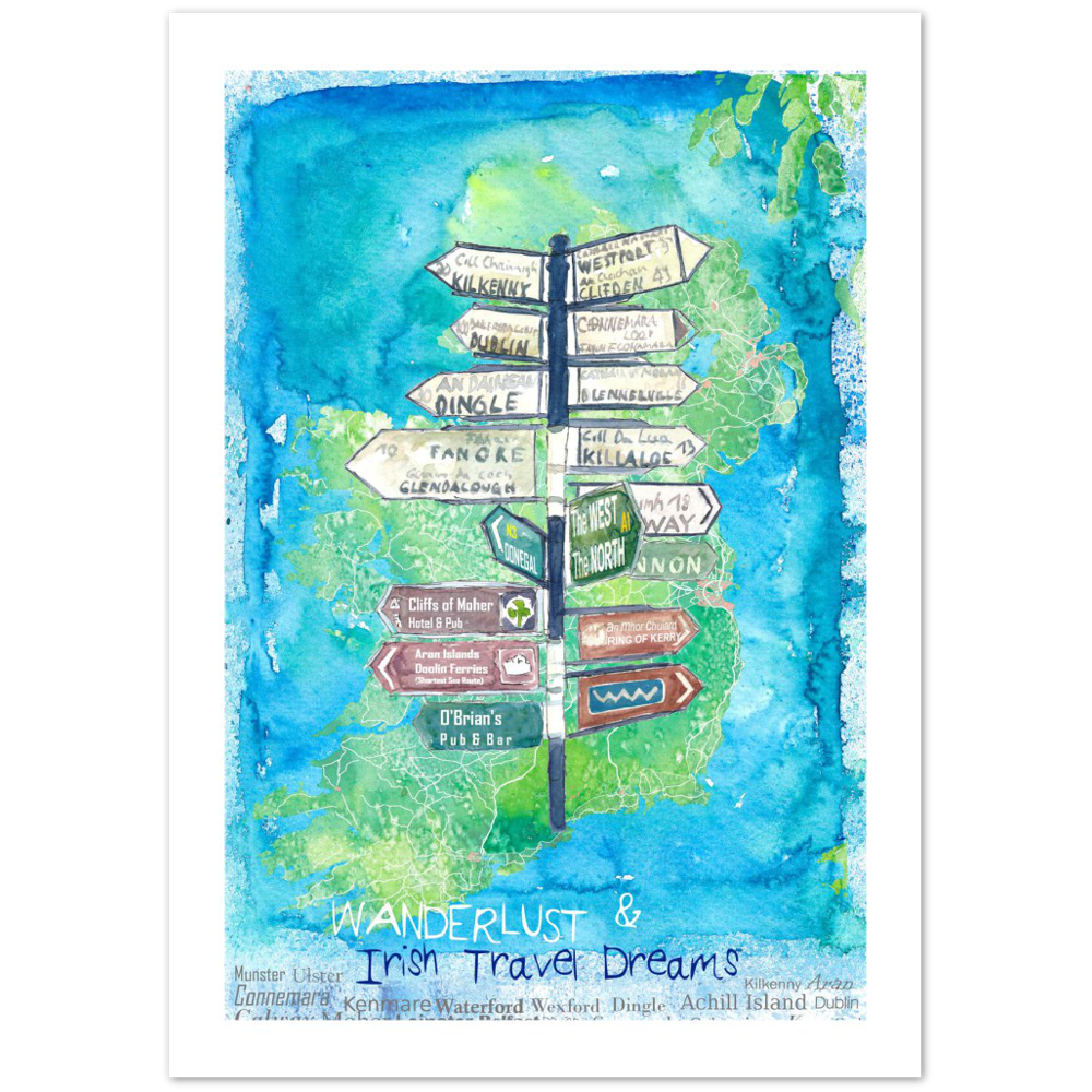 Wanderlust Signpost of Ireland with Island Background Premium Matte Paper Poster