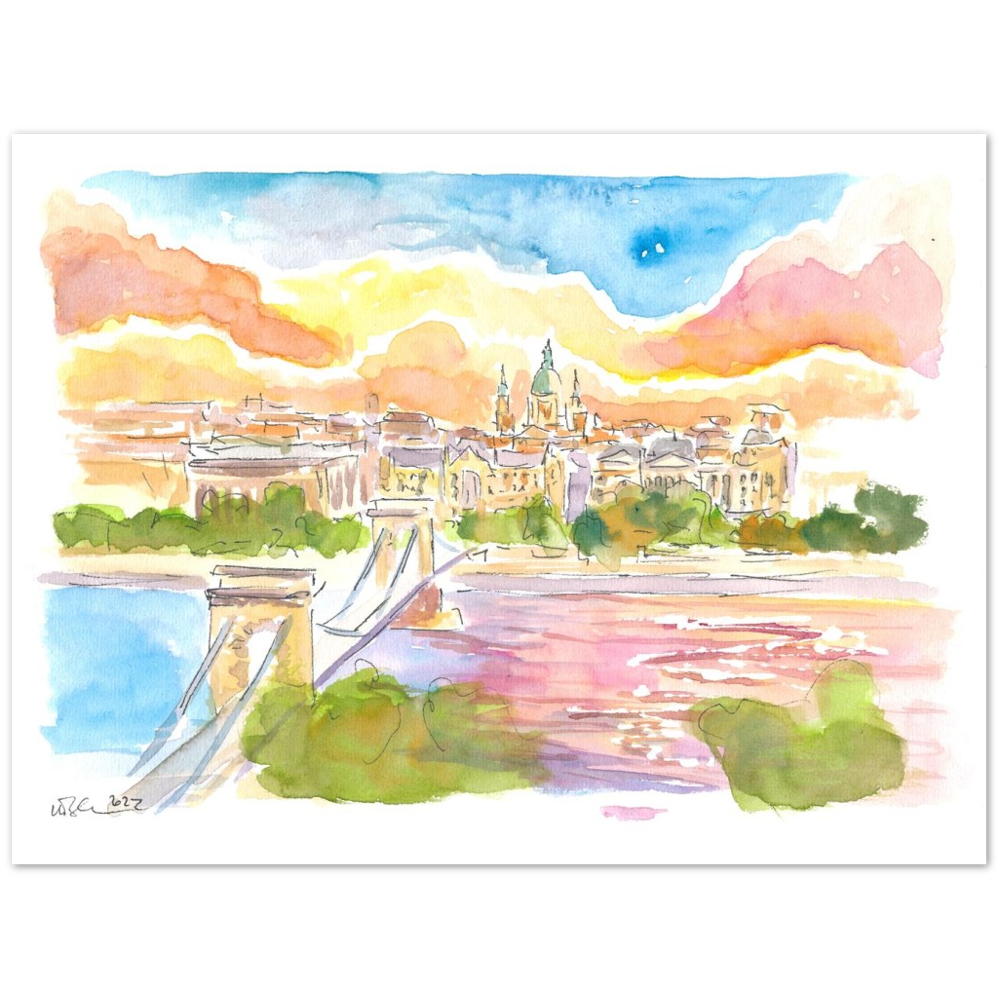 Budapest Hungary Elisabeth Bridge over River Danube at Sunset