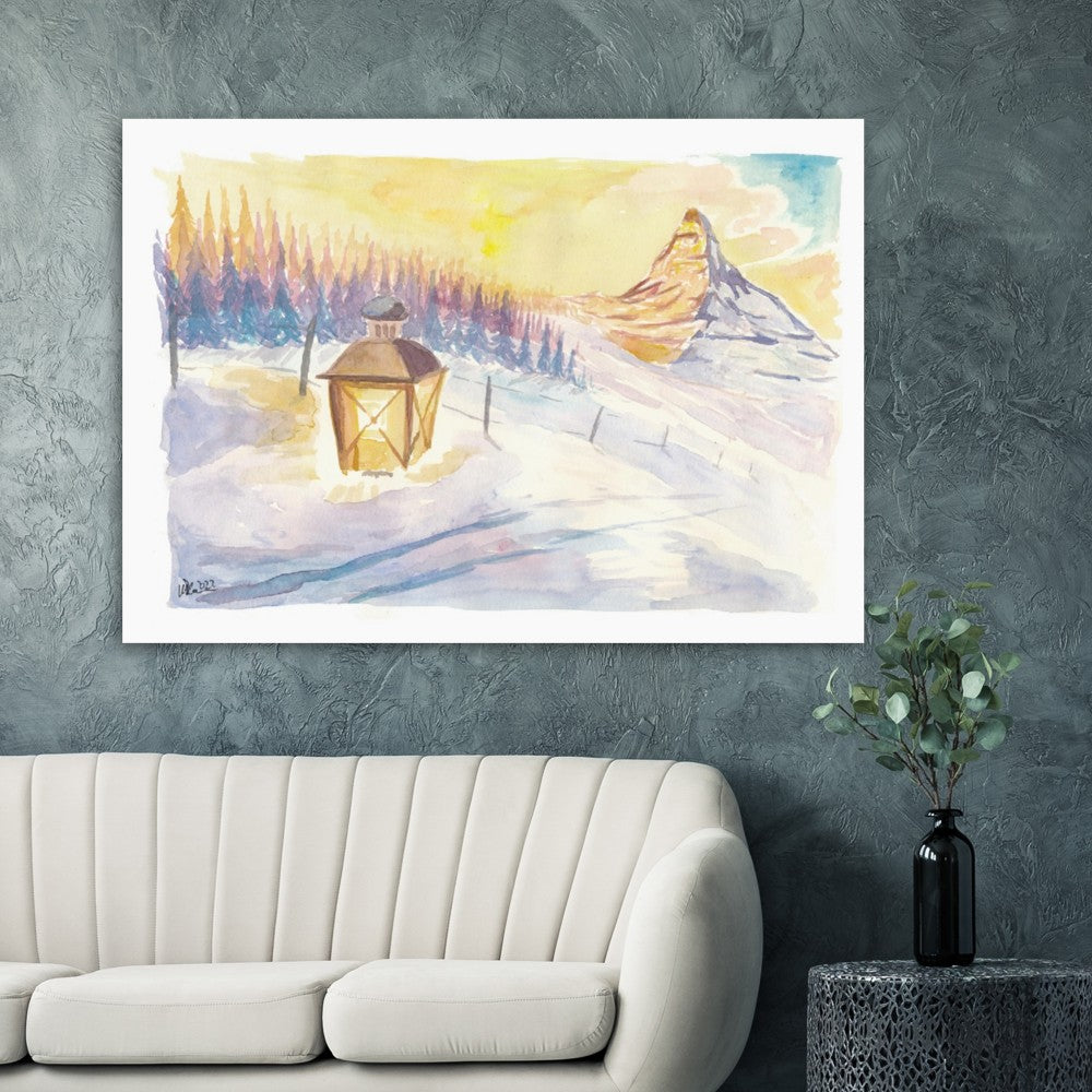 Swiss Alpine Winter Dreams with Matterhorn Mountain and Lantern in Snow - Limited Edition Fine Art Print - Original Painting available