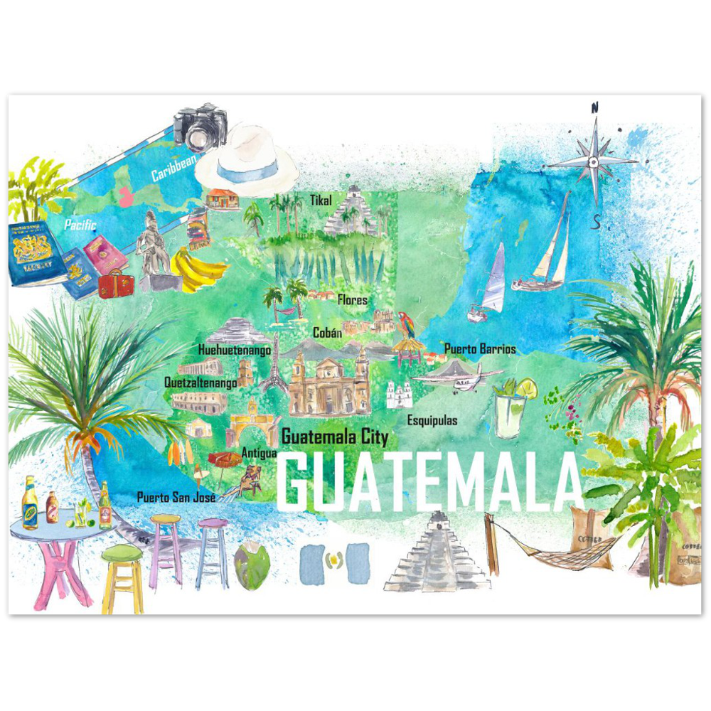 Guatemala Illustrated Travel Map with Roads and Highlights