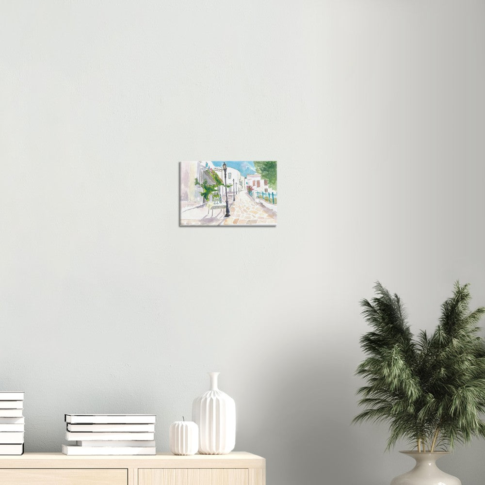 Mediterranean Street Scene with White Houses and Blue Sky - Limited Edition Fine Art Print - Original Painting available