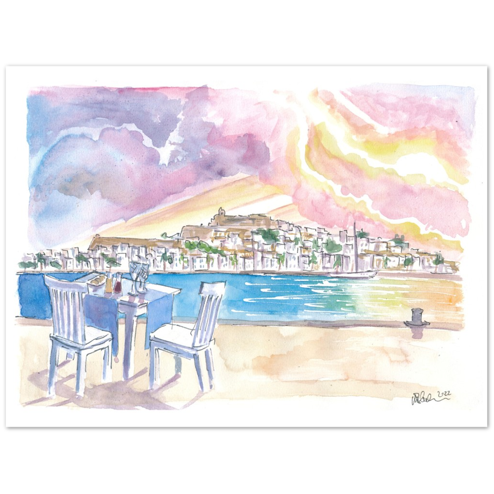 Sundowner with Gorgeous View of Eivissa Ibiza Old Town and Castle - Limited Edition Fine Art Print - Original Painting available