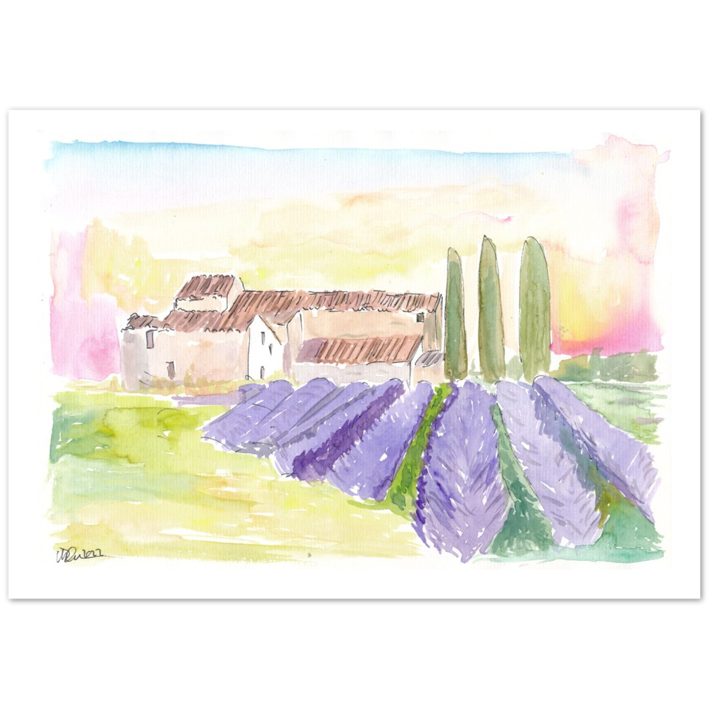Provence Classical View of Lavender Fields and Abbey - Limited Edition Fine Art Print - Original Painting available