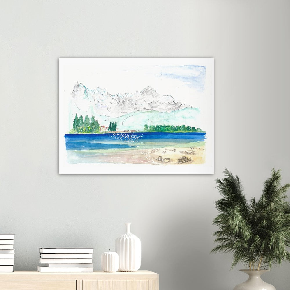Eibsee Caribbean Bavaria Lake with View of Zugspitze - Limited Edition Fine Art Print - Original Painting available