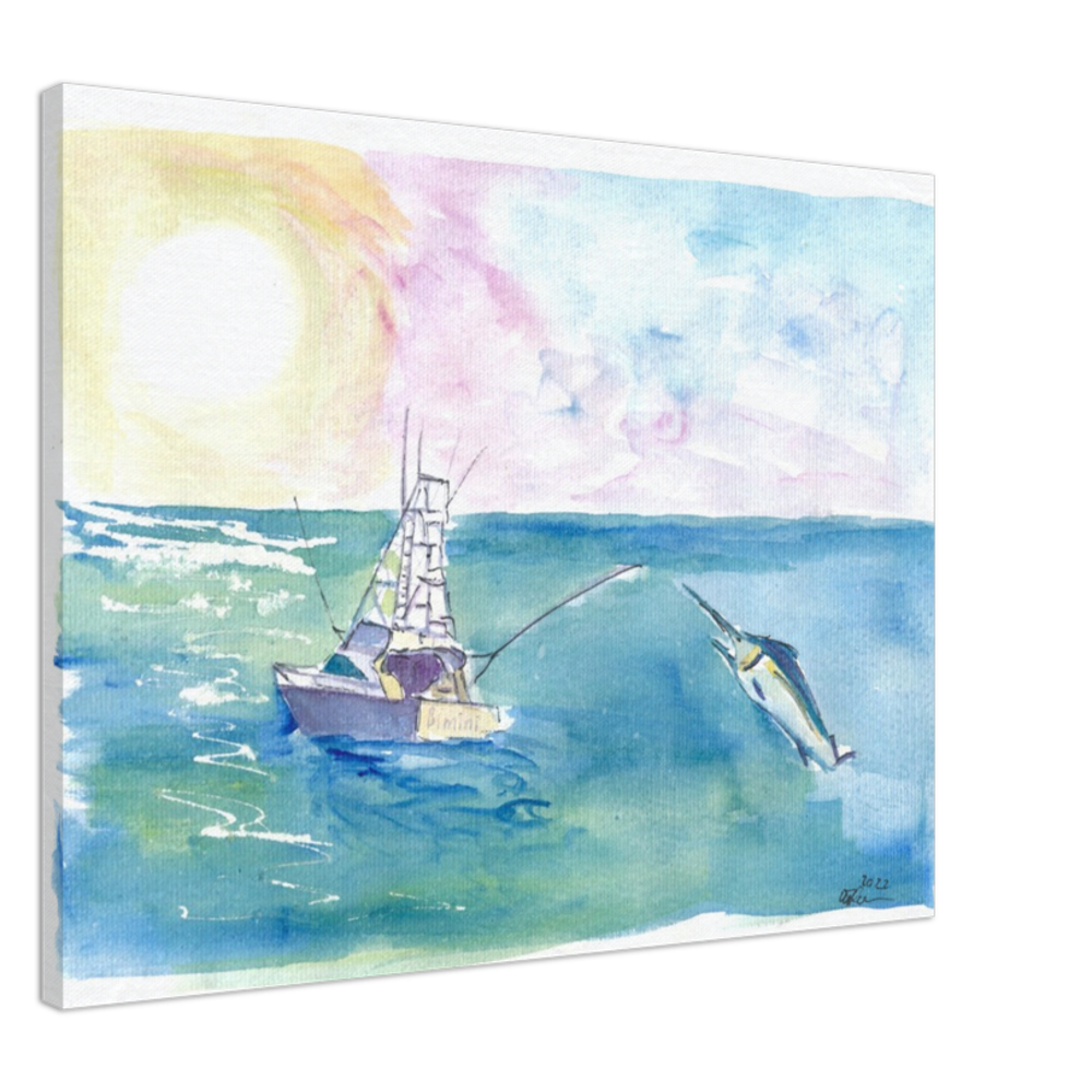 Gone Caribbean Fishing With Yacht and Marlin - Limited Edition Fine Art Print - Original Painting available