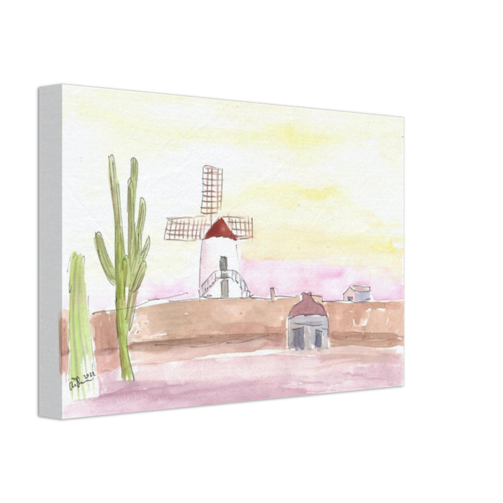 Lanzarote Canary Island Landscape with Windmill and Cacti - Limited Edition Fine Art Print - Original Painting available