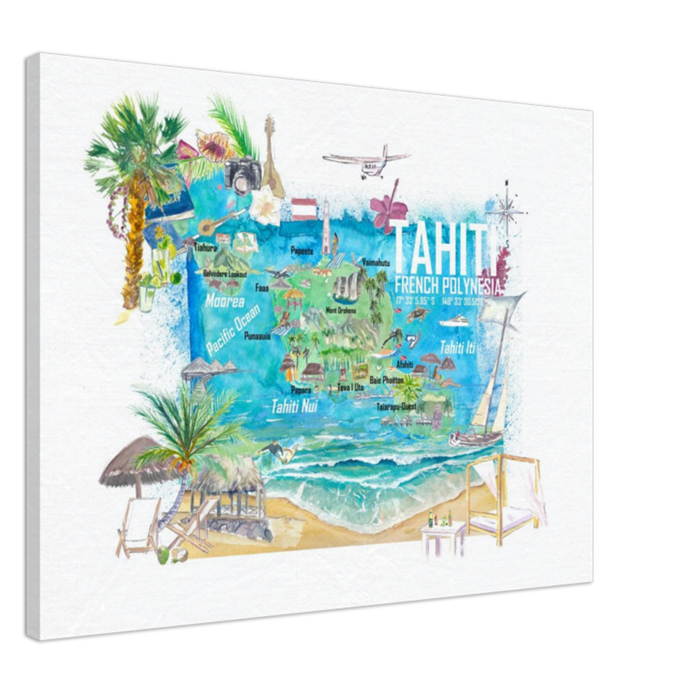 Tahiti Illustrated Travel Map with Roads and Highlights Fine Art Print