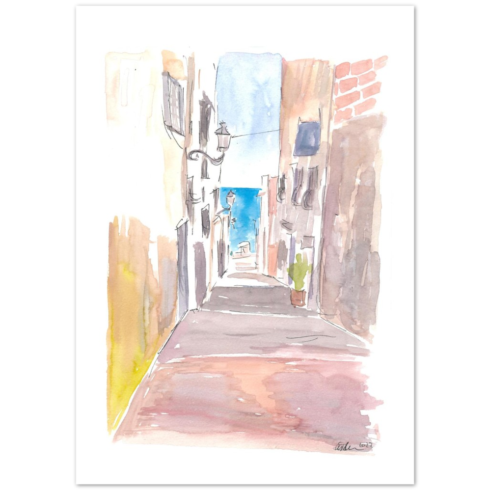 Altea Spain Narrow Alley with Sea on Costa Blanca