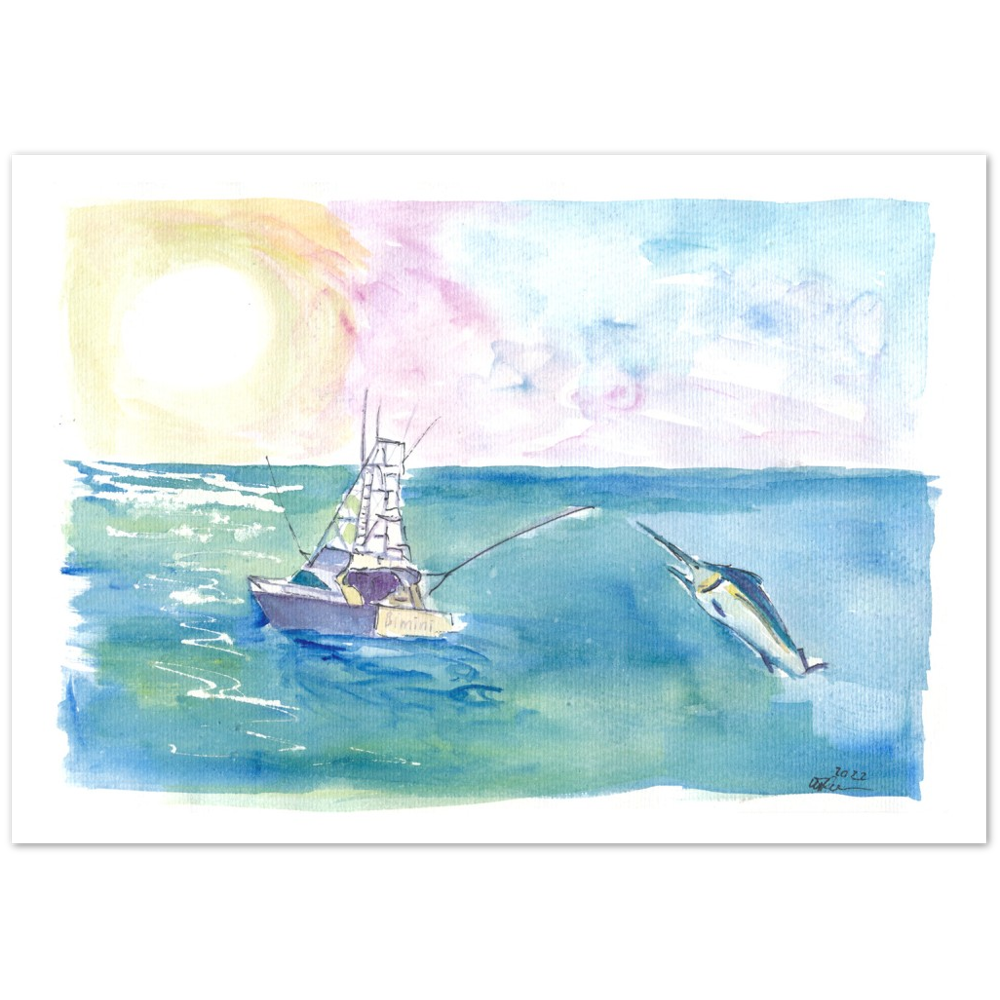Gone Caribbean Fishing With Yacht and Marlin - Limited Edition Fine Art Print - Original Painting available