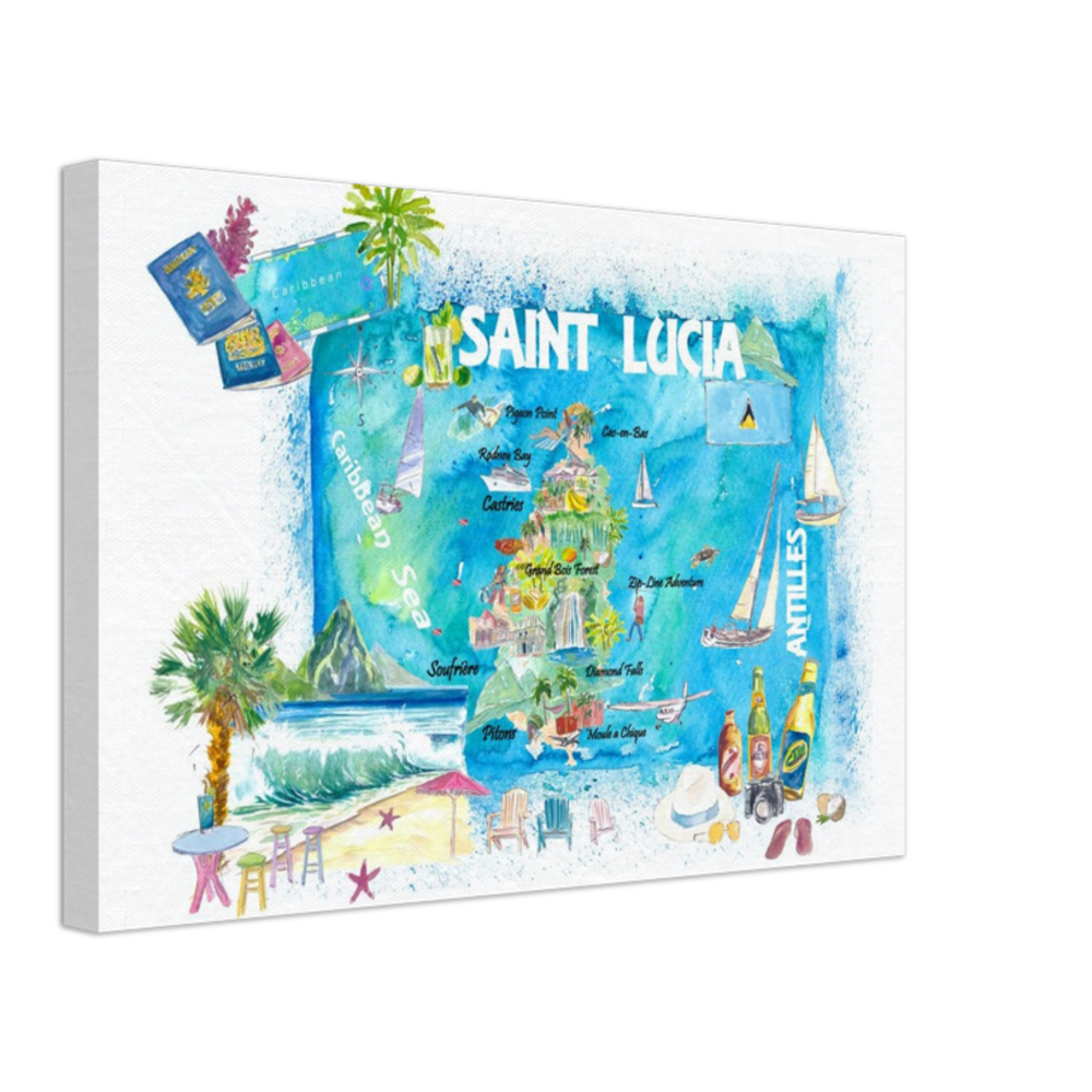 Saint Lucia West Indies Illustrated Map with Antilles Tourist Highlights 2nd Edition