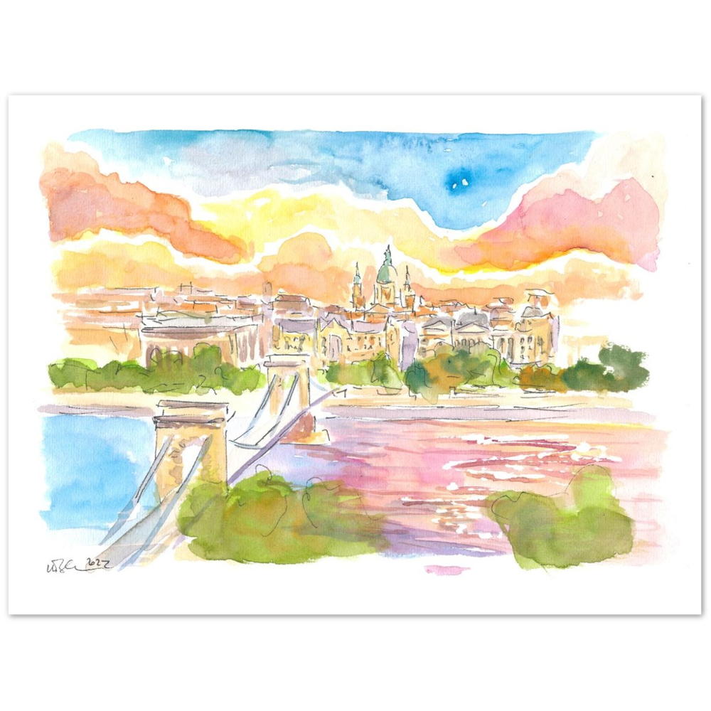 Budapest Hungary Elisabeth Bridge over River Danube at Sunset