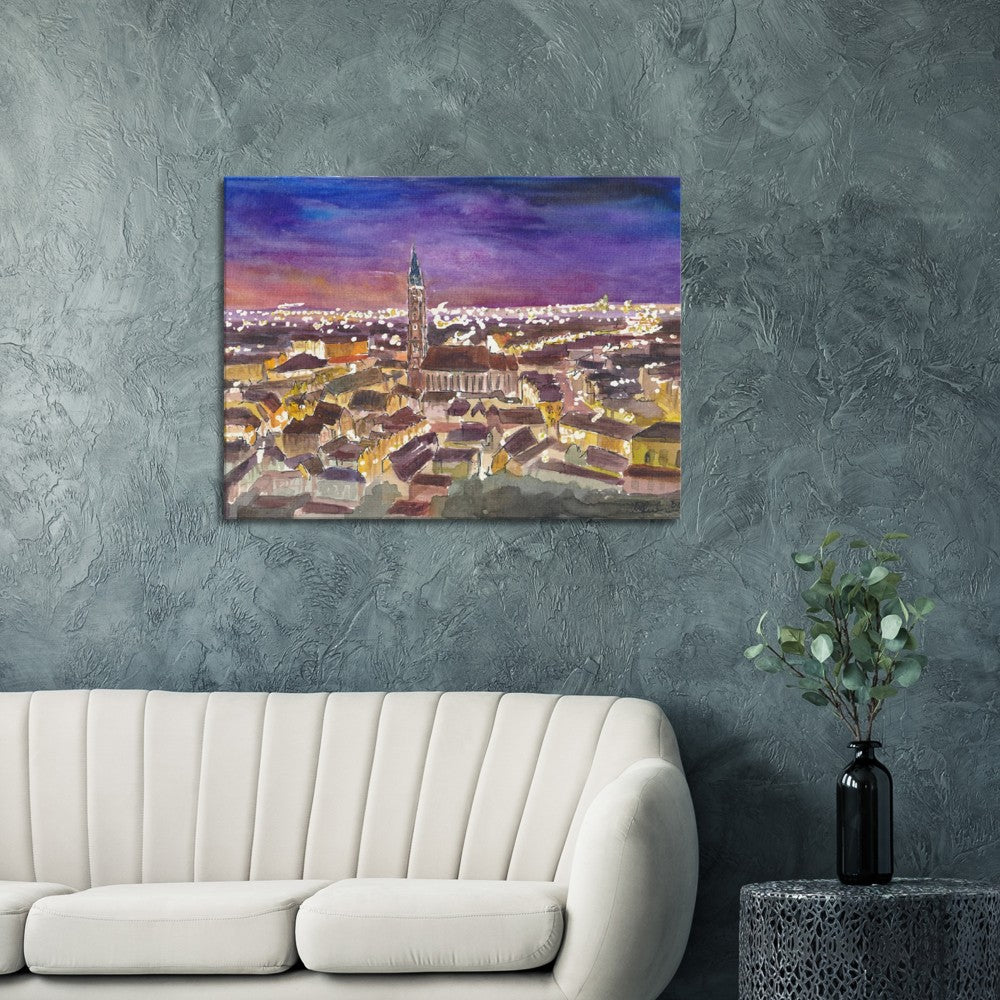 Landshut Night View of Saint Martin Basilica with City Lights - Limited Edition Fine Art Print - Original Painting available
