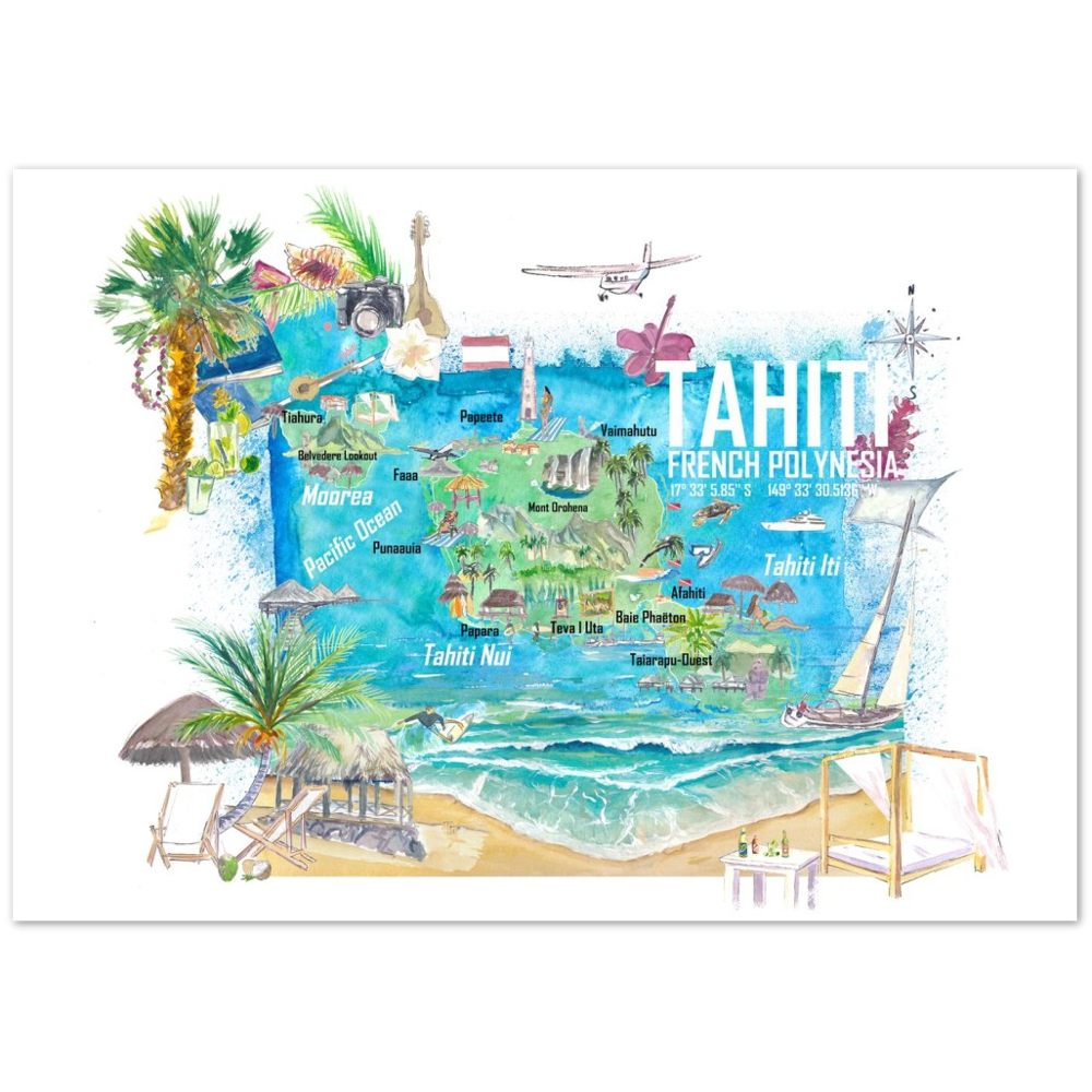 Tahiti Illustrated Travel Map with Roads and Highlights Fine Art Print