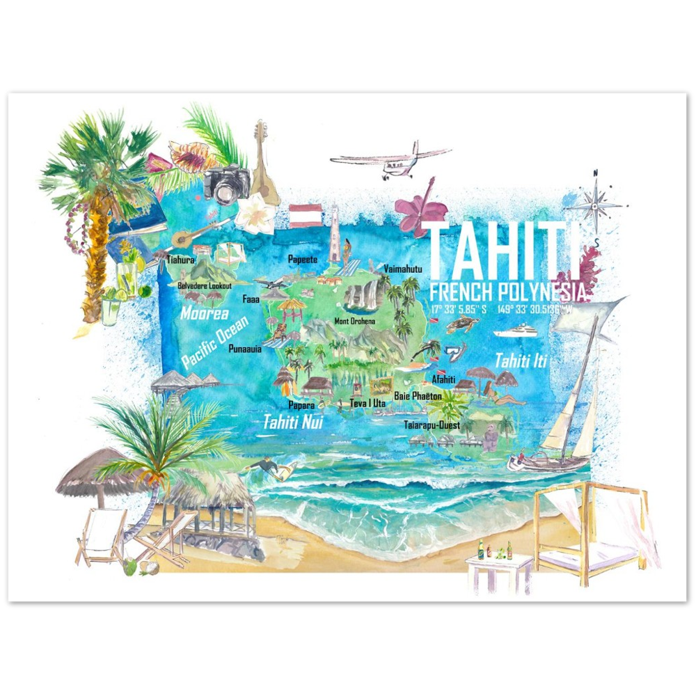 Tahiti Illustrated Travel Map with Roads and Highlights Fine Art Print