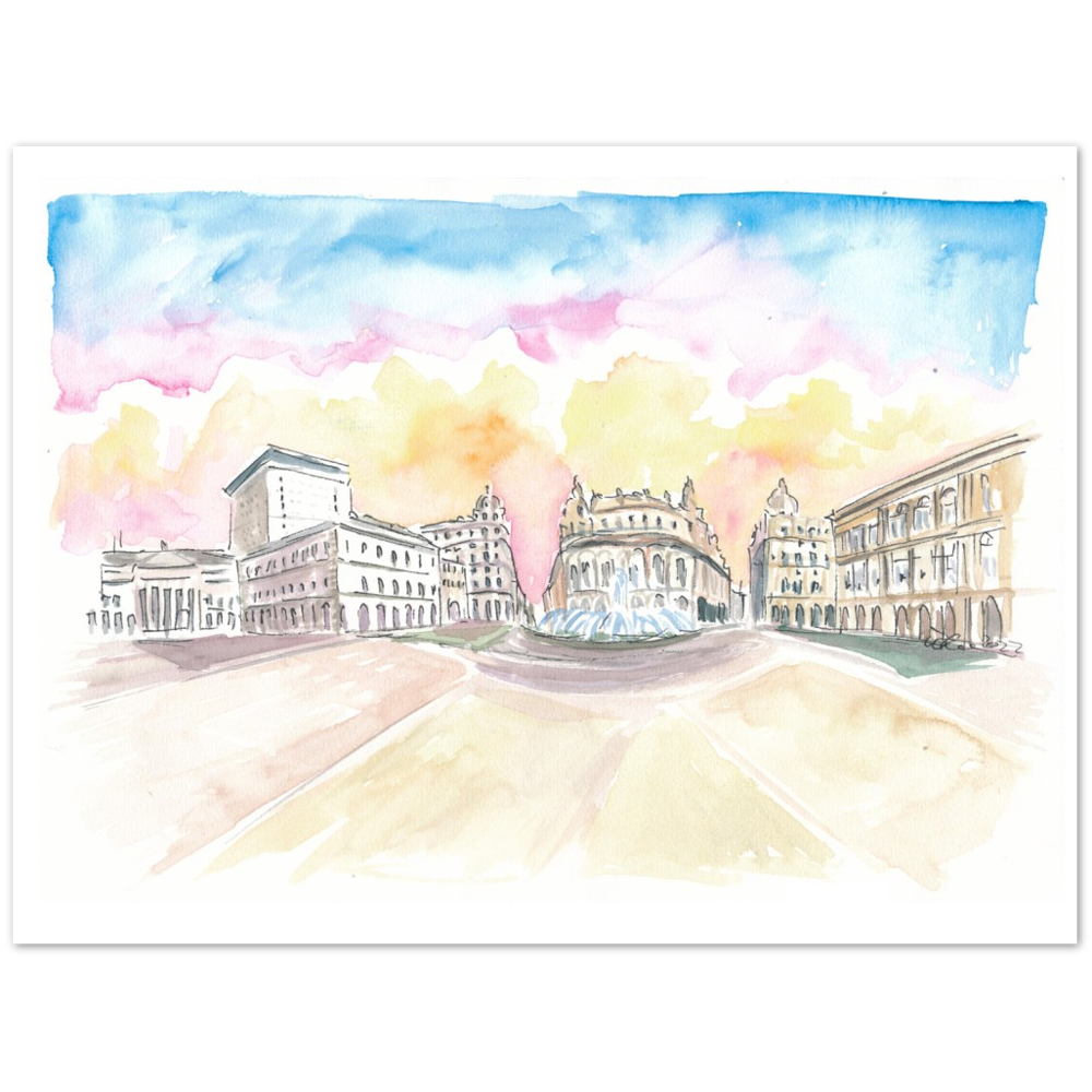Genoa Italy Main Square Piazza at Sunrise - Limited Edition Fine Art Print - Original Painting available